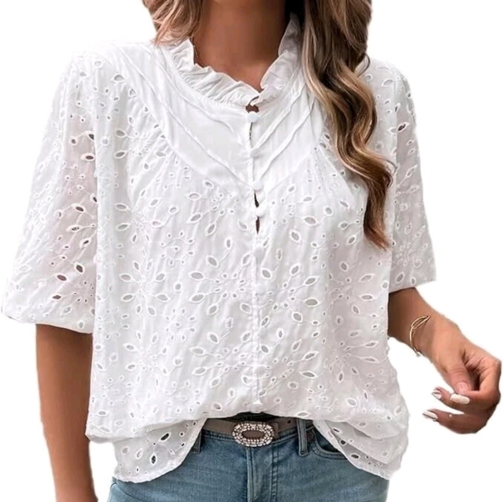 TARSE Lace Eyelet Embroidery Women's V Neck Buttons Puff Short Sleeve Top NWT XL
